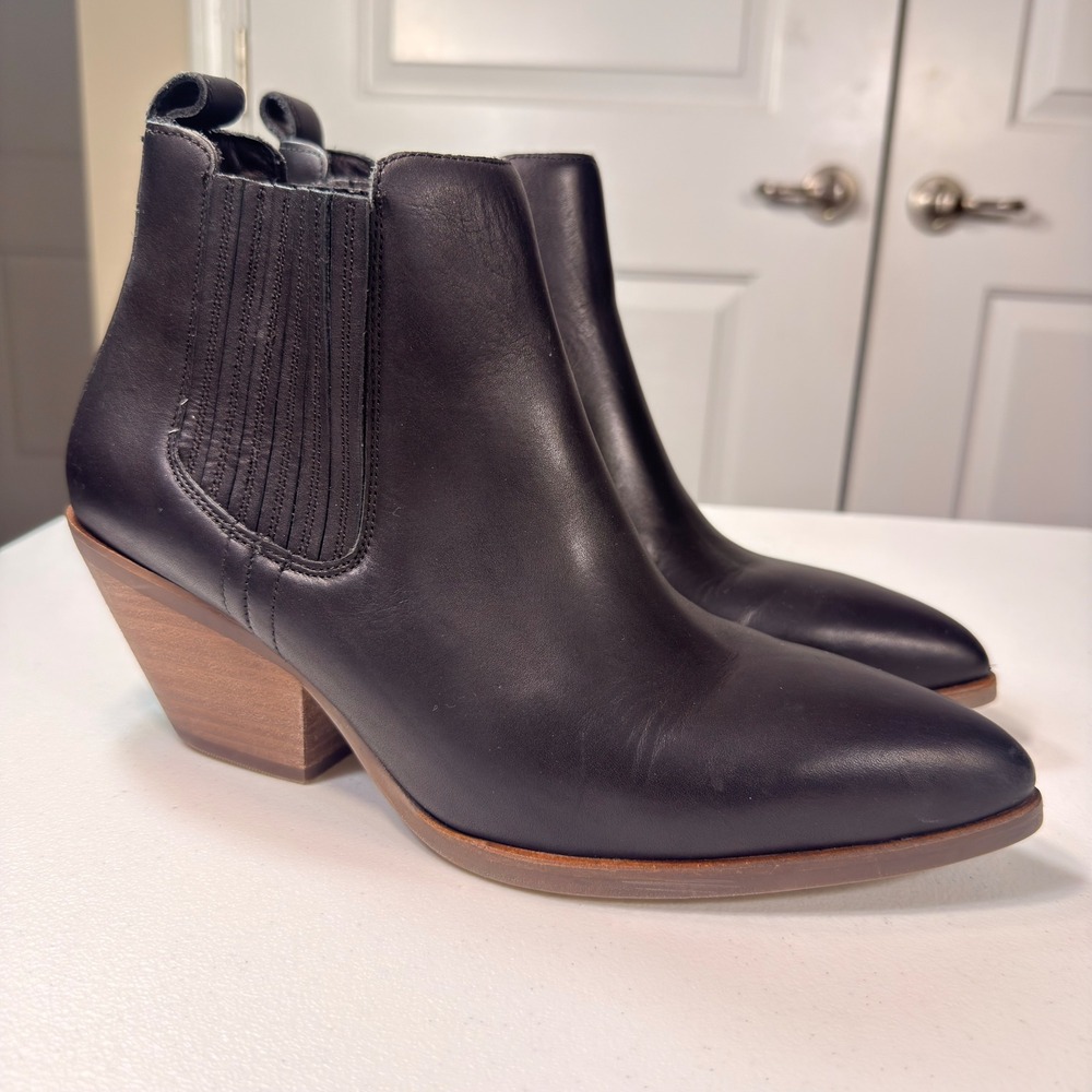 Patina Black Leather Chelsea Ankle Boots Pointed Toe Block Heel Size 10.5